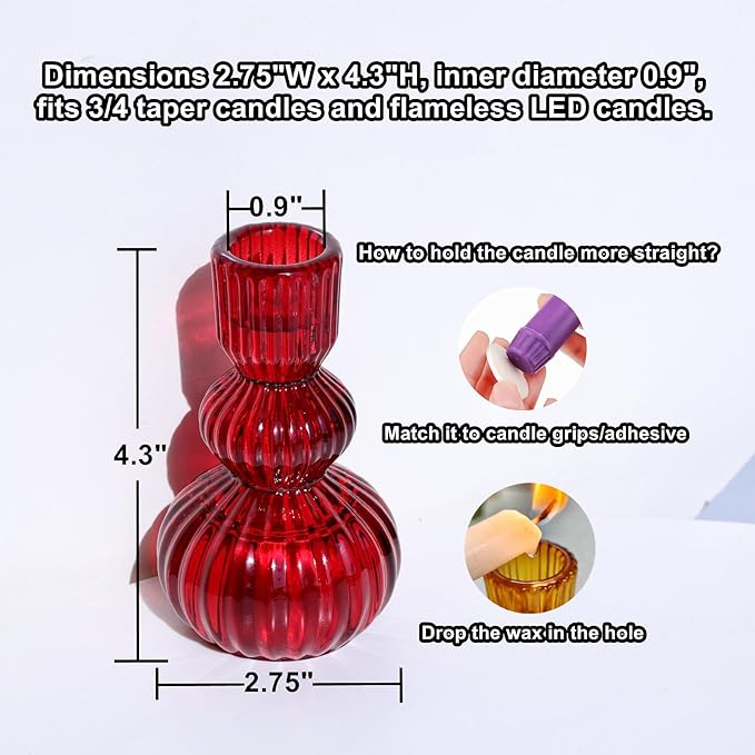 Woho Red Candlestick Holders Set of 3 for Christmas Decorations, 4.3" H Vintage Ribbed Taper Candle Holders for Dining Table, Glass Candle Sticks Holder Decor for Valentines Day/Patriotic Holidays