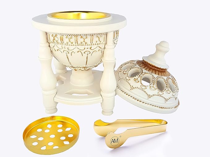 AM Charcoal Incense Burner - Bakhoor Burner, Oud Frankincense Resin Burner for Office & Home Decor - Lavish 4 Pillar (White)