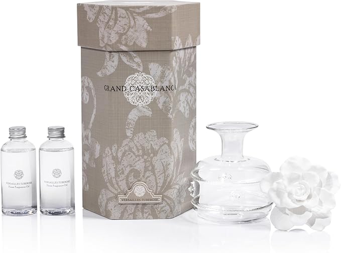 Zodax Grand Casablanca Porcelain Oil Diffuser - Home Fragrance Oil Diffuser Ideal for Living Room, Bathroom, Office - Flower Design - Gift Box Packaging Included - Versailles Tuberose - 6.76 Oz.