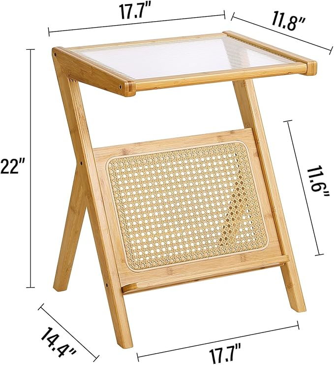 Tiita Rattan Side Table, Mid Century Nightstand, Bamboo Accent Bedside Tables, Glass Coffee Tables, Boho Wooden End Table with Storage for Small Space, Living Room and Bedroom