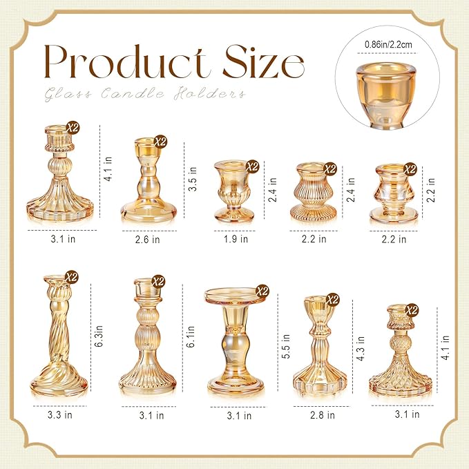 Mumufy 10 Pcs Glass Crystal Taper Candle Holders Clear Glass Candlestick Holder Fit 0.8 Inch Candles Crystal Decorative Candle Stand Centerpiece Table Wedding Dining Party (Classic,Gold)