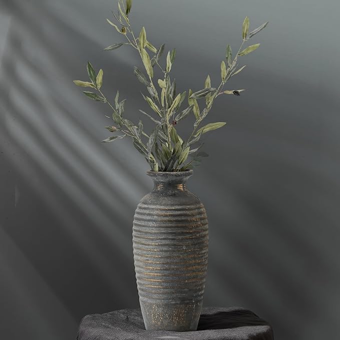 Ceramic Natural Rustic Vase, 14.4 Inch Large Vintage Flower | Threaded Decorative | Farmhouse Tall Vase for Home Decor, Living Room, Shelf Decor, Gift, Bronze