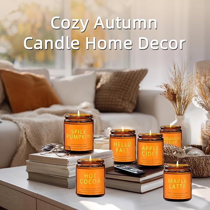 Fall Candles, Scented Soy Candles Set - 7Oz * 6 Pack, Holiday/Birthday/Christmas Gifts for Women & Men, Autumn Scents of Hello Fall/Spice Pumpkin/Apple Cider/Hot CocoaCinnamon & Cedar/Maple Latte
