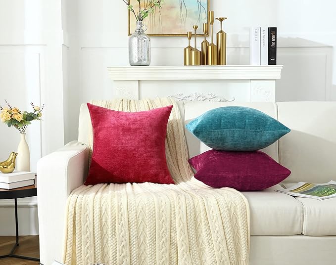 Jeneoo Fuschia Pink Decorative Throw Pillow Covers Soft Chenille Comfy Solid Couch Cushion Case Decor (Set of 2, 14 x 14 Inches)