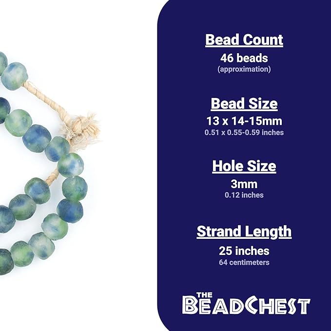 The Bead Chest Multicolor African Recycled Glass Beads 14mm – Blue, Green, White – Large Hole 25-Inch Strand, Handmade in Ghana for Jewelry Making & Crafts I Approximately 45 Beads