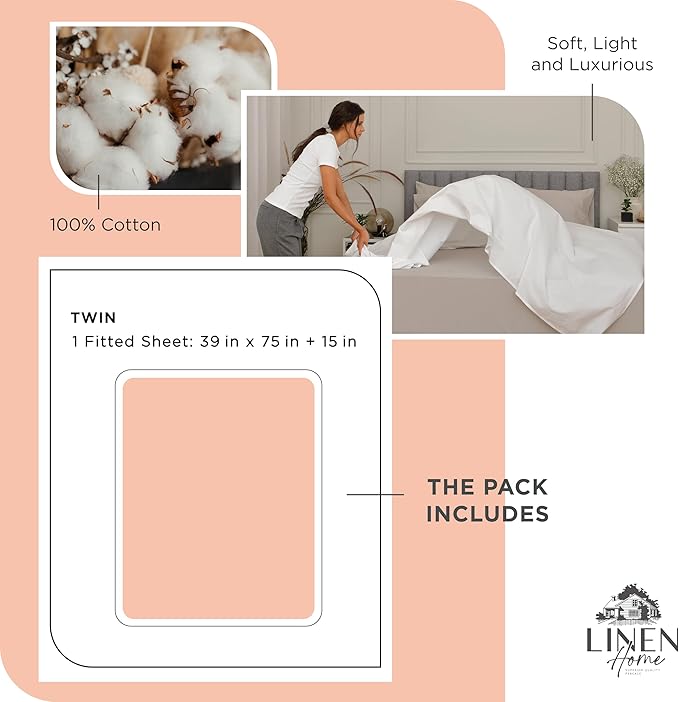 Linen Home 100% Cotton Percale Weave Fitted Sheet, Twin Size, Tropical Peach, 1 Deep Pocket Fitted Sheet, Fits Mattress Upto 16" Crisp and Cool Strong Bed Linen, 39"X75"+15"