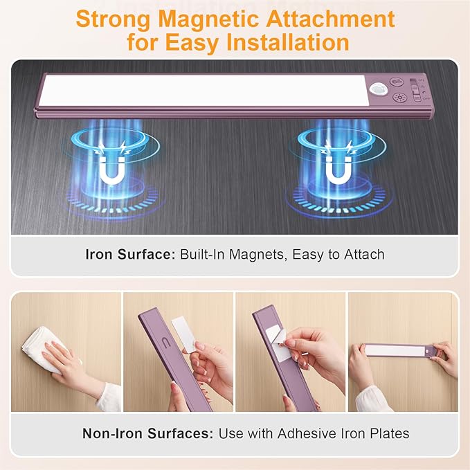 Gritin 10.2inch Under Cabinet Lighting Rechargeable -84 LED Super Bright,3-Color& 5 Level Brightness,4 Modes,Motion Sensor, Long Lasting- Easy Installation Magnetic Closet Lights -2 Pack-Mauve
