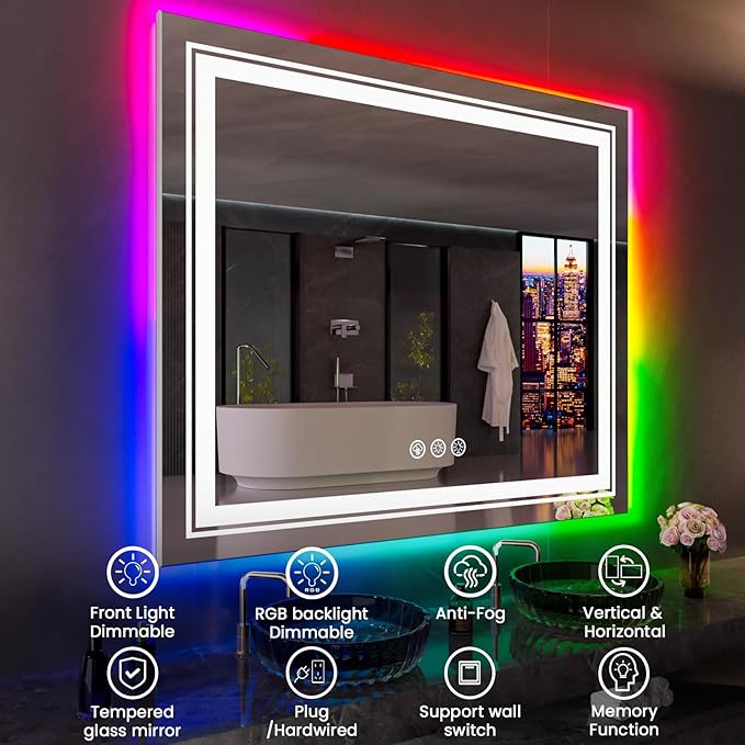 LED Mirror for Bathroom, 72"X36" with 8 RGB Backlit +3 Front Lit (Adjustable Individually), Anti-Fog, Large Lighted Bathroom Vanity Mirror for Wall,Shatterproof,Memory Function,Tempered Glass