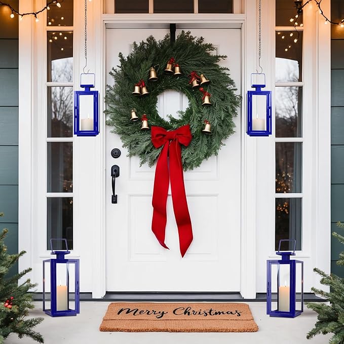 DECORKEY Christmas Decorations Outdoor&Indoor, 17''&13'' Set of 2 Blue Decorative Candle Lanterns, Modern Hanging/Tabletop Candle Holders for Christmas Home Porch Patio Wedding Decor