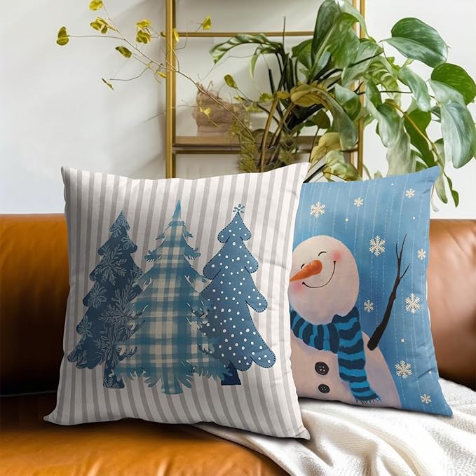 Winter Snowman Throw Pillow Covers - Buffalo Plaid Trees Pillow Covers 16x16 Set of 2 Snowflake Pillowcases Ice Crystal Snow Cushion Covers for Home Sofa Bed