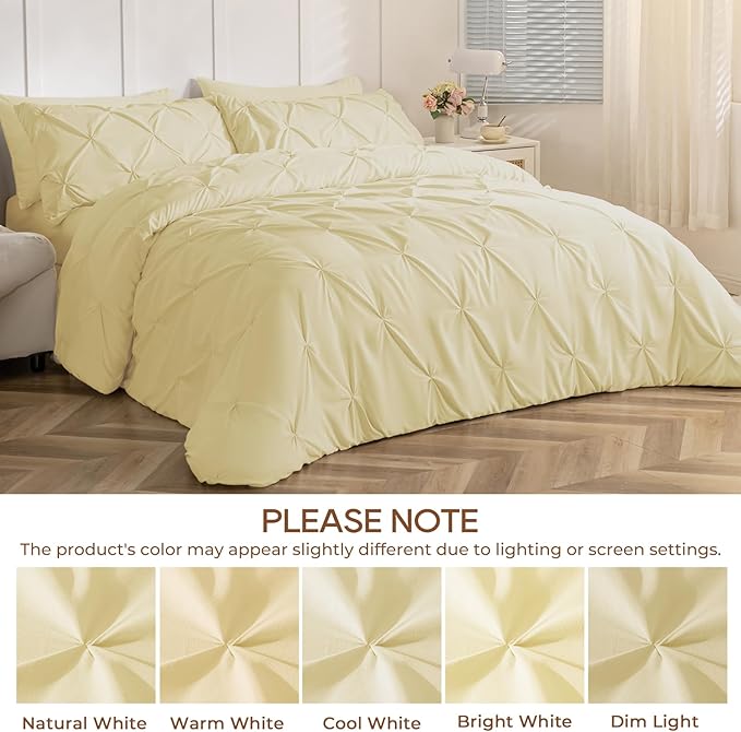 Sasttie Queen Comforter Set, 7-Piece Bed in a Bag, Pintuck Bedding Sets for All Season, Includes Comforter, Flat Sheet, Fitted Sheet, Pillowcases and Pillowshams, Pale Yellow