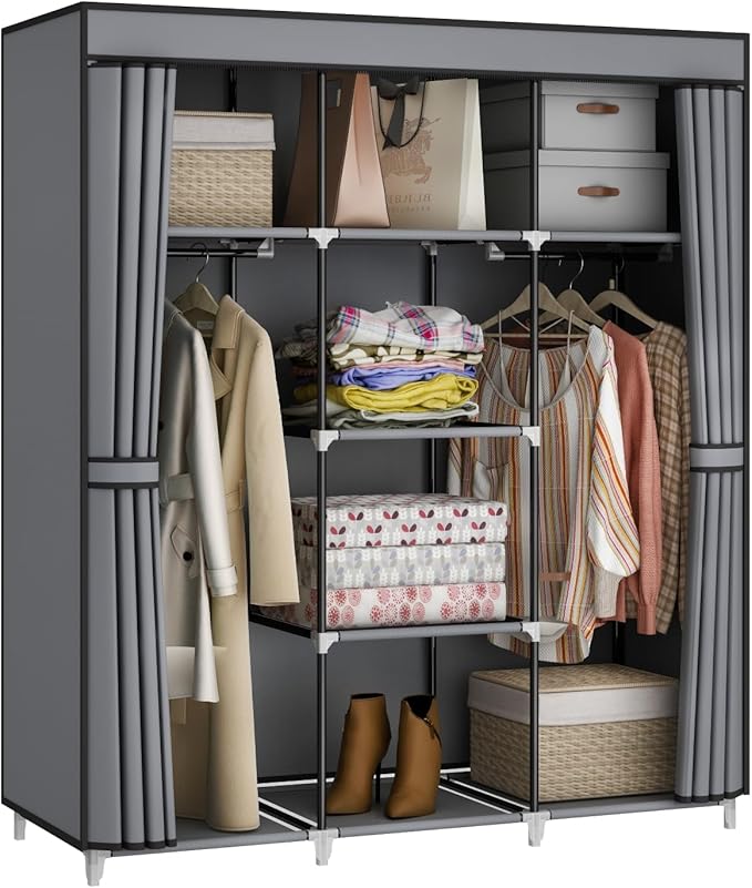 Portable Closet Wardrobe, 51-Inch Clothes Organizer with 2 Hanging Rods and 8 Shelves, Non-Woven Fabric Cover, Medium Capacity Storage for Bedroom and Living Room, Grey