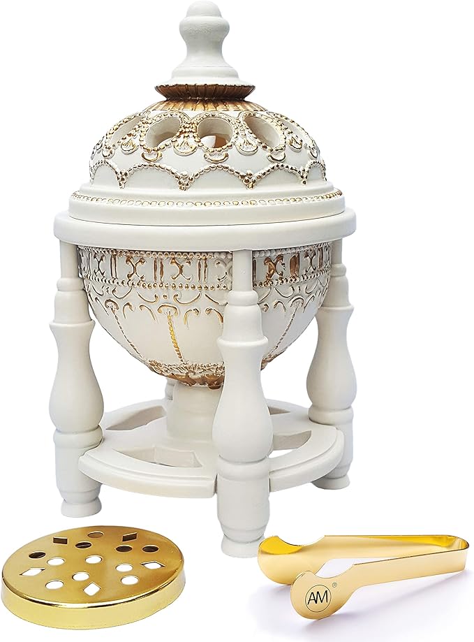 AM Charcoal Incense Burner - Bakhoor Burner, Oud Frankincense Resin Burner for Office & Home Decor - Lavish 4 Pillar (White)