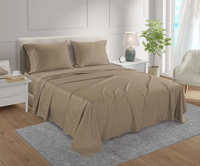 Deep Pocket Queen Sheets set, 100% Cotton Sheets Queen Size set, 800 Thread Count Soft & Durable 4 Piece Sheet & Pillowcase Sets, Sateen Weave Hotel Sheet Fits upto 17", No Pill Machine Wash- Taupe
