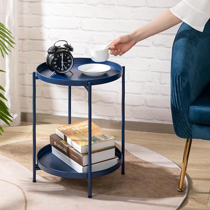 HollyHOME 2-Tier Round Side Table, Outdoor Small Folding Accent Stand with Removable Tray, Anti-Rust Metal Asional Table for Balcony Patio Living Room, Nightstand for Bedroom(Navy Blue)