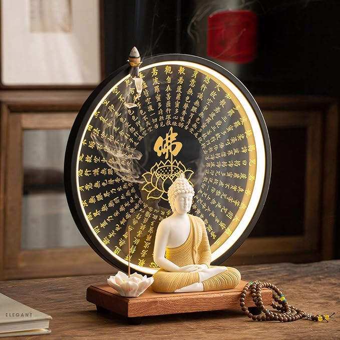 Shakyamuni Buddha Ceramic Statue Indoor Backflow Incense Burner with Led Ring Light Heart Meridian Painting，Meditation Decoration for Home and Office, Suitable for Cone and Stick Incense