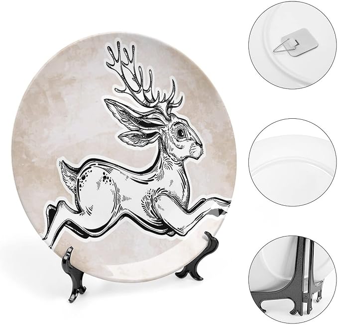 XISUNYA 6 Inch Decorative Plate, Antler Decor Ceramic Stoneware, Magical Creature Running Sketch Mythology Print Ceramic Wall Hanging for Home Office Party Dinner Table Decor