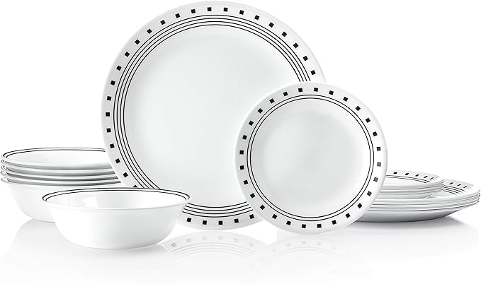 Corelle Vitrelle 18-Piece Service for 6 Dinnerware Set Triple Layer Glass and Chip Resistant, Lightweight Round Plates and Bowls Set, City Block