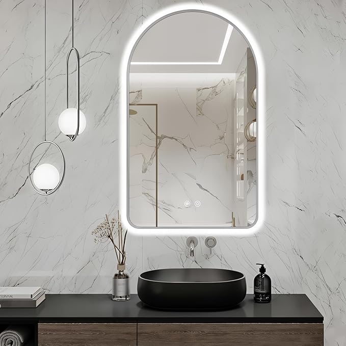 Arched LED Bathroom Mirror, 48"x30" Silver Framed Arch Backlit Mirror with Lights, Lighted Vanity Mirror for Wall, Anti-Fog, 3 Colors, Dimmable, Adjustable Brightness, Waterproof, UL Listed