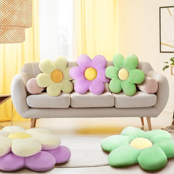 Sratte 3 Pcs Flower Pillows Flower Shaped Throw Pillow Cute Daisy Pillow Seating Cushions for Adults Home Bedroom Sofa Chair Couch Decor(Green, Purple, White,23.62)
