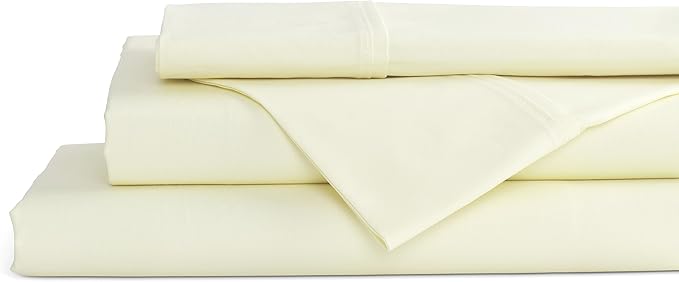 Linen Home 100% Cotton Percale Sheets Queen Size, Cream, Deep Pocket, 4 Pieces Set - 1 Flat, 1 Deep Pocket Fitted Sheet and 2 Pillowcases, Crisp Cool and Strong Bed Linen