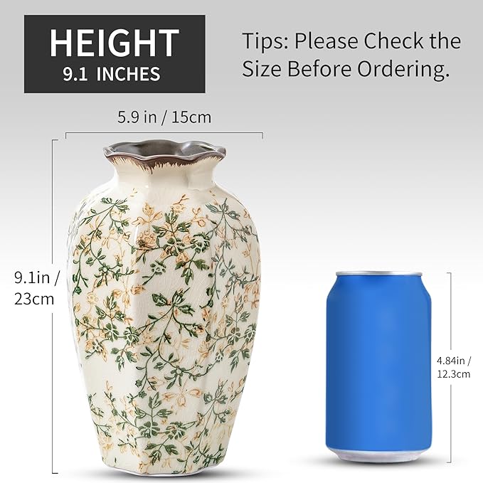 Vintage Pastoral Octagonal Vase, Green and Beige Retro Ceramic Flower Vase, Rustic Farmhouse Vases Chinoiserie Floral Large Vase for Home Decor, Living Room, Kitchen, Bedroom and Shelf 9.1 Inch