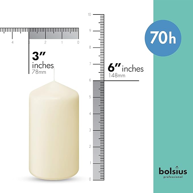 BOLSIUS 6 Ivory Pillar Candles Bulk - 3x6 Inches Candle Set - 70+ Hours Clean Burning - No Palm Oil - 0% Animal Fat - Premium European Quality - Unscented Dripless Wedding Pillars