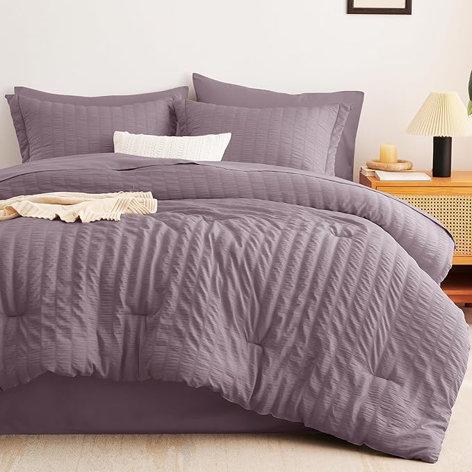 CozyLux Queen Comforter Set Dusty Purple Seersucker 7 Pieces Bed in a Bag Queen Comforter Set with Sheets, Luxury Bedding Sets with Down Alternative Comforter, Sheets, Pillowcases & Shams All Seasons