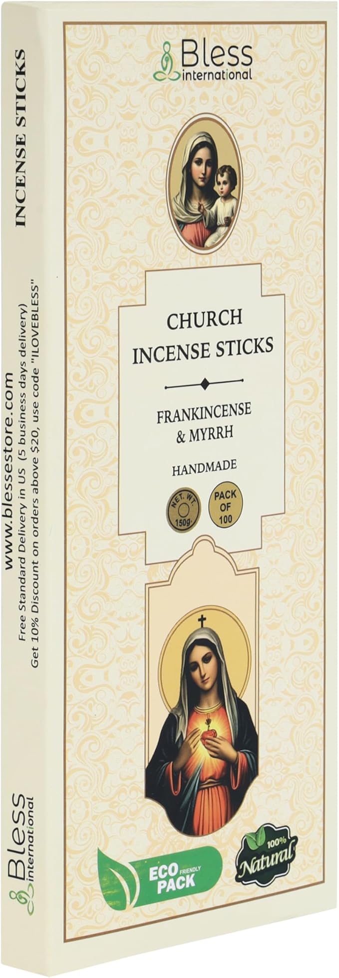 Bless-Church-Frankincense-and-Myrrh 100%-Natural-Handmade-Hand-Dipped Organic-Chemicals-Charcoal-Free Purification-Relaxation-Positivity-Meditation Best-Woods-Scent (100 Sticks(5.25 OZ))