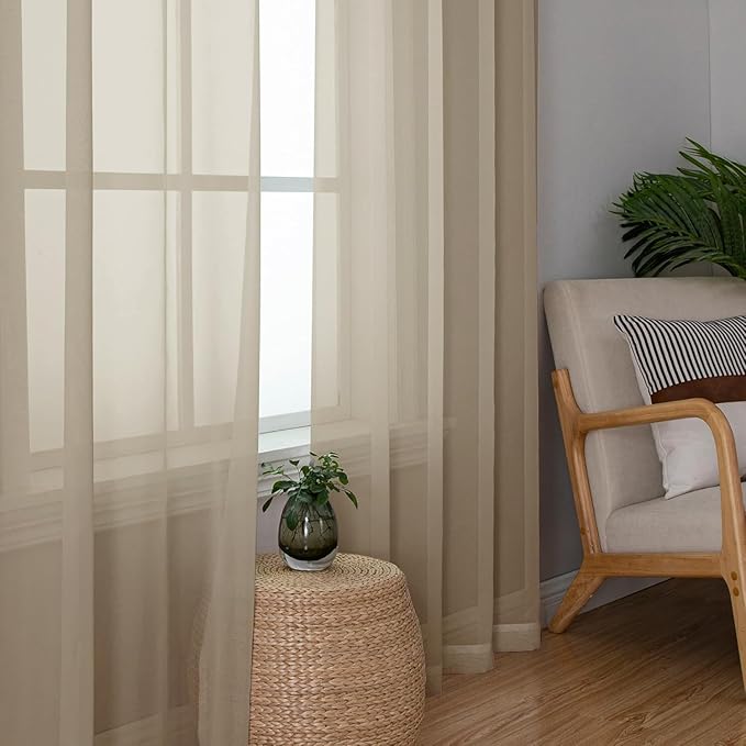 Aiyufeng Taupe Sheer Curtains 90 Inches Long 2 Panels Set, Semi Transparent Voile Rod Pocket Sheer Window Drapes for Bedroom Bed Canopy Living Room Dining Wedding Party Backdrop, 42W x 90L inch