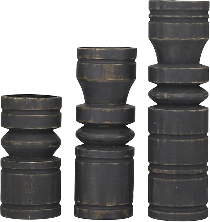 Deco 79 Wood Decorative Candle Holder Candle Stand, Set of 3 Candlestick Holder 14", 11", 8" H, Black