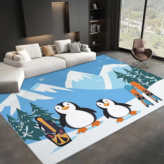 Washable Area Rug 3x5 ft Cartoon Penguin Snowboard Blue 3D Print Area Rug for Living Room Bedroom Kids Room Home Decor Carpet, Indoor Non-Slip Floor Rug Mat, Low Pile Rugs