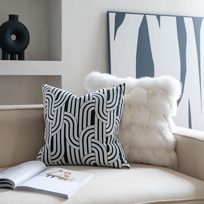 Premium Throw Pillow Covers 22x22 Inches - Art Arcmono Simply Wave Chenille Jacquard Embroidery Decorative Couch Pillow Covers for Living Room Bedroom Sofa Home Décor