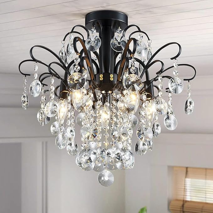 WUZUPS Crystal Chandelier Flushmount Ceiling Light Modern Lighting Fixture for Bedroom Hallway Bar Kitchen Bathroom, H 17.5'' x W 19.3'', E12 Base, Black