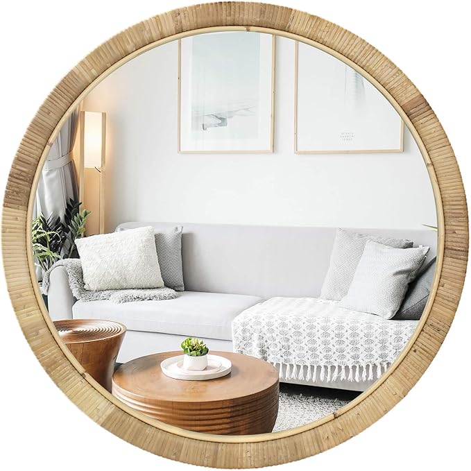 Rattan Wall Mirror, 24in Round Mirror for Wall, Natural Rattan Frame Boho Mirror for Farmhouse Bedroom Checkroom Livingroom Decor