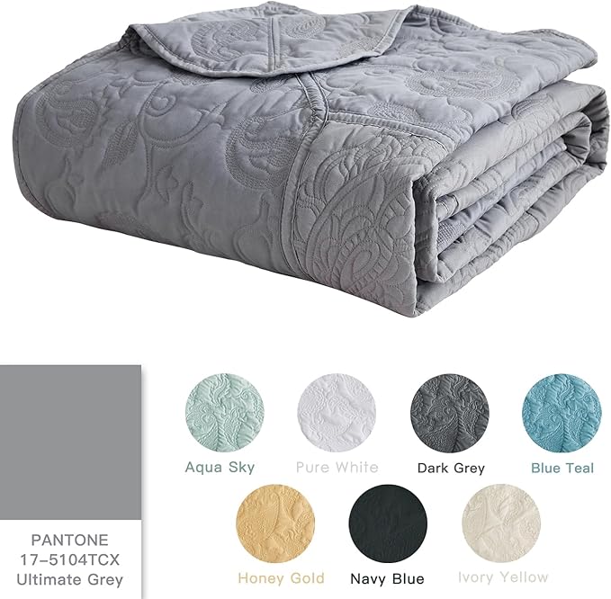 HZ & HY Oversized King Bedspread 128x120 Extra Wide, Quilted Coverlet Bedding Set, Lightweight Thin Comforter, Reversible, Luxurious, 5 Piece, 100% Microfiber, Grey