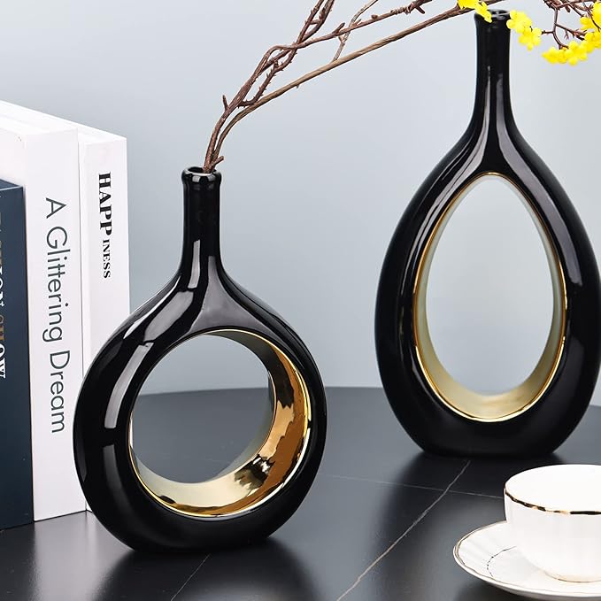 Black and Gold Vase Ceramic Black Vases Home Decor,Modern Minimalist Circle with Hole Decorative Vase, Hollow Ellipse Flower vases for Bookshelf, Fireplace Mantle, Centerpieces,Farmhouse,Rustic Décor