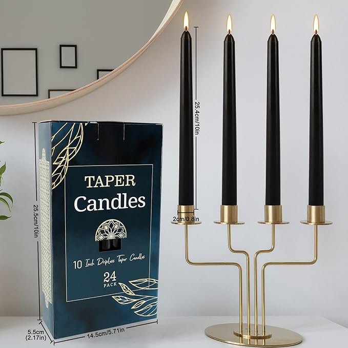 24 Pack Black Taper Candles, 7-8 Hours Burn Time, Unscented, Smokeless and Dripless, 10 Inch Dinner Candle Set for Household, Wedding, Party and Home Décor Candlesticks.