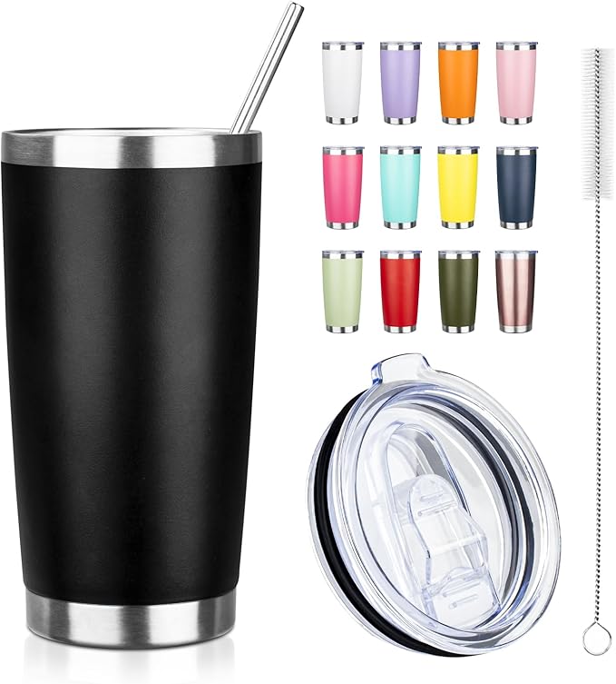 20oz Tumbler with Straw and Brush, Stainless Steel Vacuum Insulated tumbler, Double Wall Insulated Coffee Tumbler for Outdoor, Home, Travel,Office (Black,1pcs)