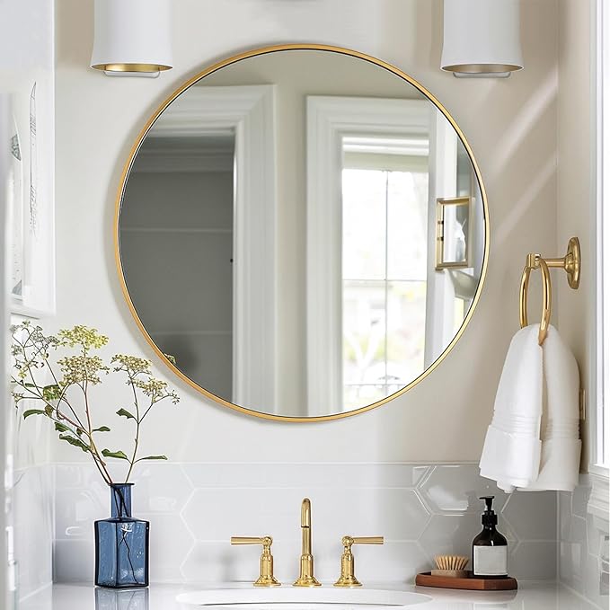 Gold Round Mirror, 24 inch Circle Mirror, Gold Metal Frame Bathroom Mirrors, Round Wall Mounted Mirrors for Bathroom, Hallway, Living Room, Bedroom.