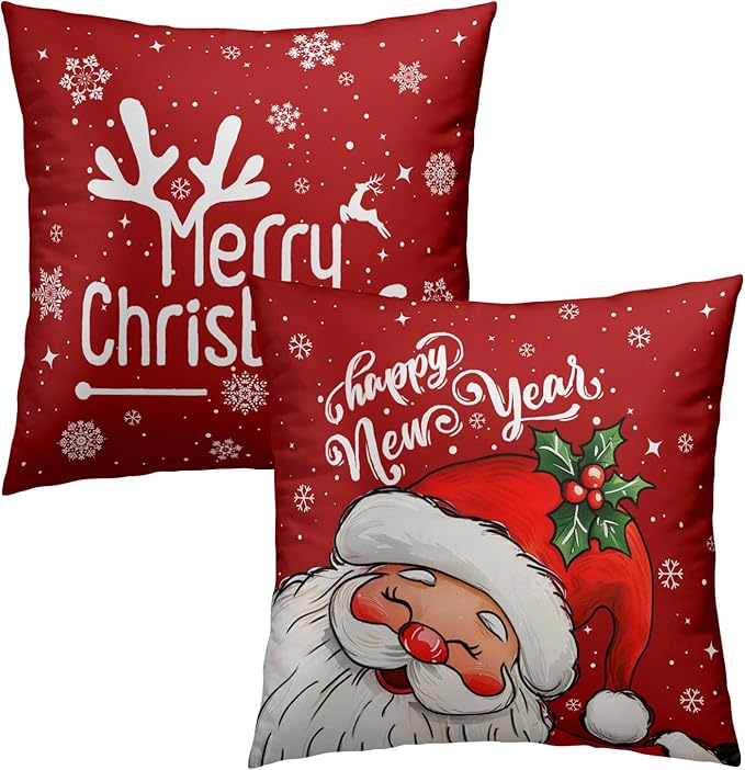 Red Christmas Santa Pillow Covers - Happy New Year Throw Pillow Covers 22x22 Set of 2 Xmas Pillow Cases Winter Snowflake Cushion Cases for Sofa Couch Home