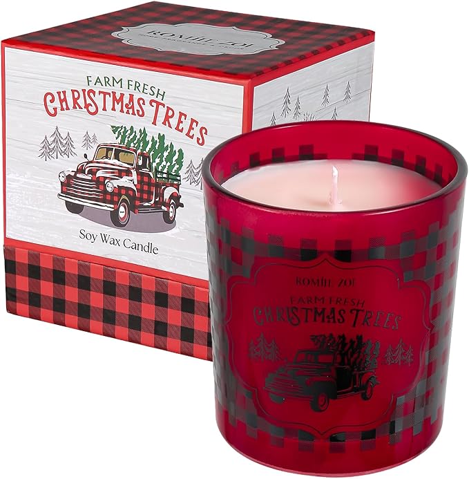 ROMIIE ZOI Christmas Scented Candle - 6oz Soy Wax Candle, Buffalo Plaid, Infused with Festive Holly Aroma - Red & Black Tartan Gift Box Packaged for Christmas Holiday Season Gift