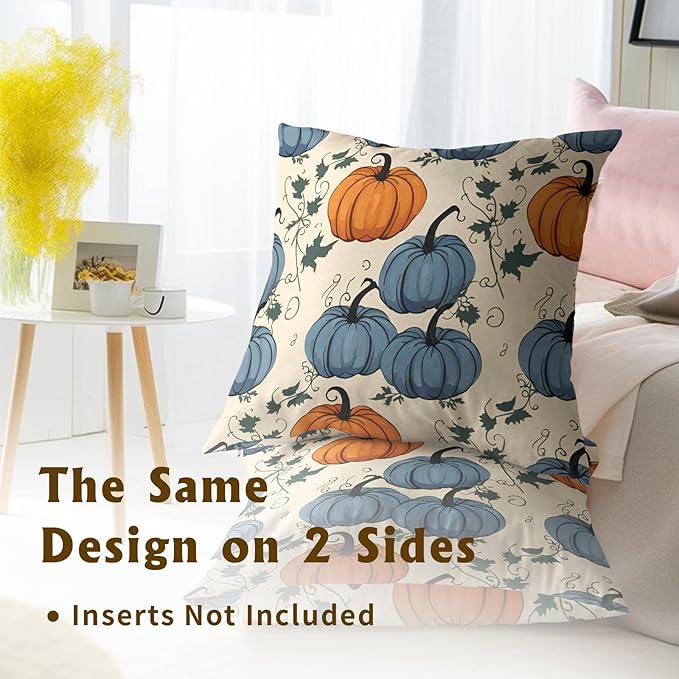 Fall Pumpkin Throw Pillow Covers - Orange Blue Pumpkins Pillow Covers 20x20 Set of 2 Autumn Harvest Pillowcase Thanksgiving Farmhouse Cushion Case for Sofa Couch Outdoor Porch