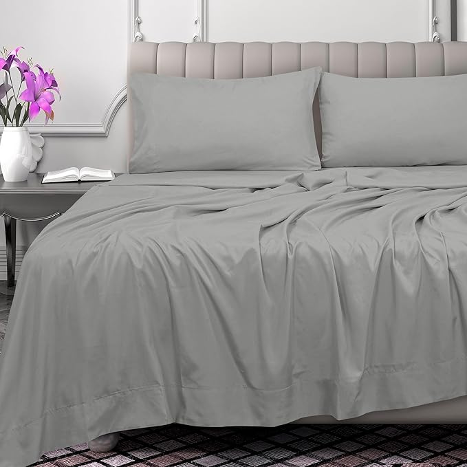 Royale Linens 300 Thread Count 100% Long Staple Combed Cotton Flat Sheet - Super Soft - Top Sheets - Twin Flat Sheet Sold Separately - Breathable, Cool & Crisp Percale Sheets Only (Twin, Silver)