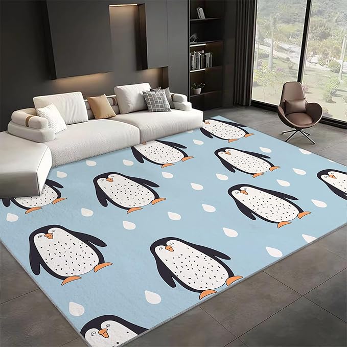 Washable Area Rug 5x8 ft Cartoon Penguin Scandinavian Style Area Rug for Living Room, Soft Low Pile Rugs, Non-Slip Carpet, Home Decor Floor Rug for Bedroom Dining Room Kitchen