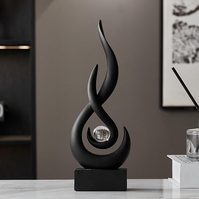 AWNR Abstract Black Sculpture: Flame Statue with Glass Ball Resin Art Figurines - Unique Centerpiece for Modern Home Decor