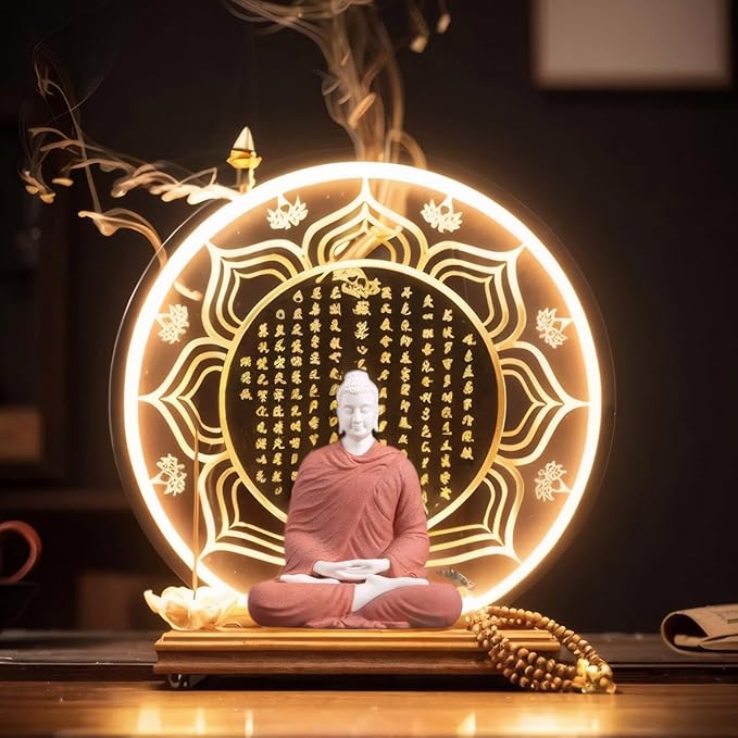 Shakyamuni Buddha Ceramic Statue Indoor Backflow Incense Burner with Led Ring Light Heart Meridian Painting，Meditation Decoration for Home and Office, Suitable for Cone and Stick Incense