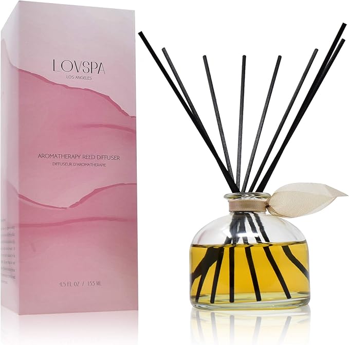 LOVSPA Reed Diffuser Set, Sandalwood & Amber Scented Oil Diffuser with Sticks, Home Fragrance Accessories for Bathroom Shelf Decor, Aroma Diffusers for Home or Office Fall Decor, USA Made