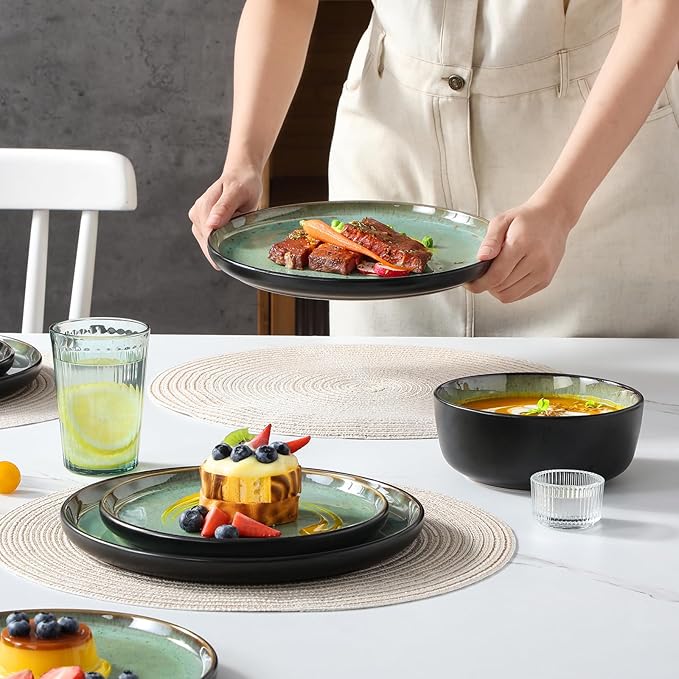 vancasso Plates and Bowls Sets, 18 Pieces Stoneware Dinnerware Sets for 6, Kitchen Dish Set Mircowave and Dishwasher Safe Dinner Set Ceramic Dishware, Turf Green, Series AMBER