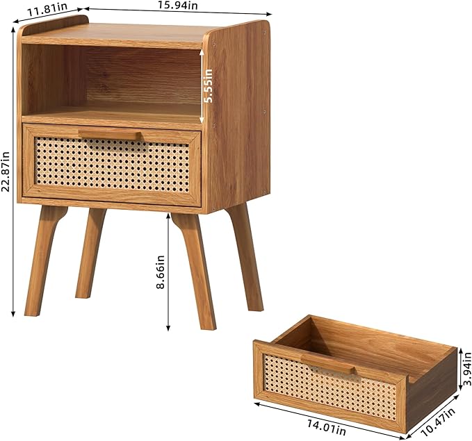 Lerliuo Rattan Nightstands Set of 2, Side Table with Drawer, Cane Accent Bedside End Table with Solid Wood Legs, Mid Century Modern Night Stand for Bedroom, Dorm and Small Spaces (Tea Brown)